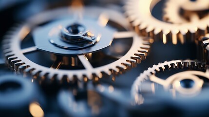 Close-up view of intricate metallic gears, showcasing precision engineering and complex mechanics.  The image highlights the detailed craftsmanship and interconnectivity of the gear sy : Generative AI