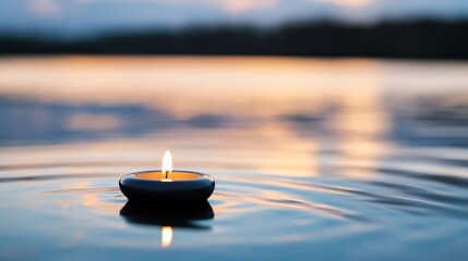 Serene sunset scene featuring a single, floating candle on calm water, creating a peaceful and tranquil atmosphere. : Generative AI