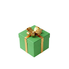 Obraz premium Floating green gift box with gold ribbon on a solid white background