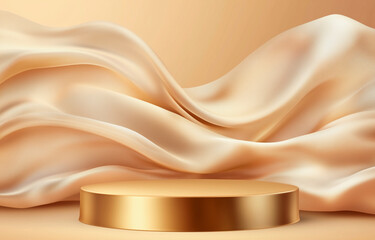 Obraz premium Golden podium on flowing satin fabric in luxurious beige tones.