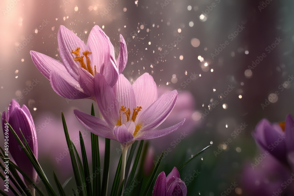 Poster close-up of delicate purple crocus flowers glistening with raindrops, illuminated by soft sunlight, 