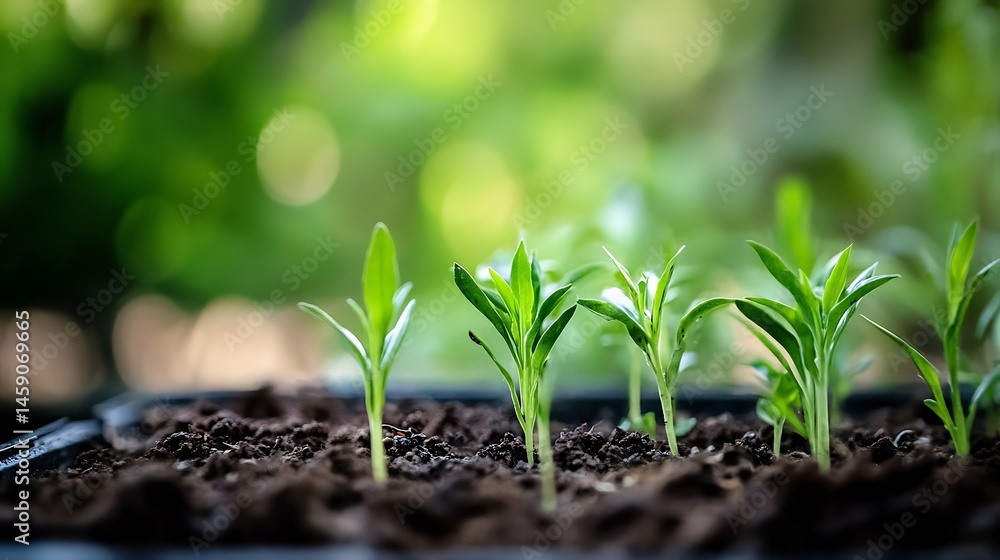 Aufkleber close-up view of several vibrant green seedlings sprouting from dark soil, bathed in soft sunlight a