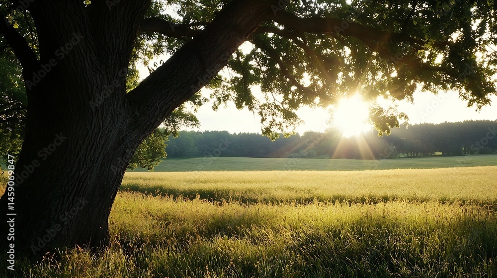 Poster Majestic oak tree frames a sunlit summer field, golden hour light illuminating tall grass and distant trees, creating a serene landscape. : Generative AI