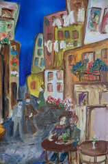 Couple man and woman at street cafe table. Townscape with people life. Genre painting oil brush strokes texture on canvas surface.