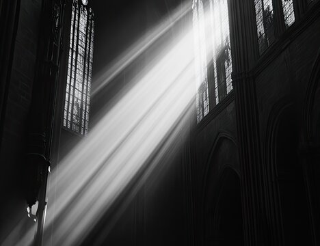 Sunlight streams through stained glass windows in a gothic cathedral.  Beams of light pierce the dark interior