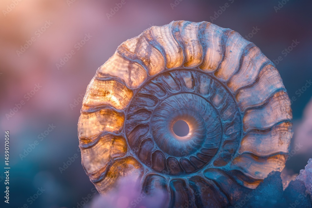 Poster a mesmerizing ammonite fossil, its spiral shell illuminated by a soft, ethereal light, showcasing in
