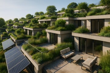 Terraced Green Roof Homes with Solar Panels and Outdoor Living Spaces