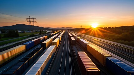 Freight train carrying numerous cargo containers at sunset, viewed from above, showcasing the vastness of logistics and transportation. : Generative AI