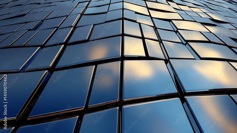Fototapete Abstract 3D rendering of a metallic surface composed of numerous glossy, dark-blue squares, creating a dynamic, textured background. : Generative AI