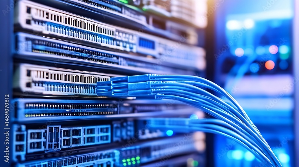 Aufkleber close-up of blue fiber optic cables connected to a server rack, showcasing data center technology an