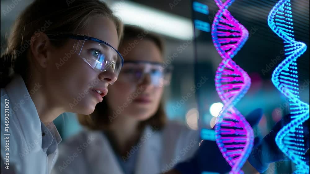 Poster two scientists examine a holographic display of dna while working in a modern laboratory setting.