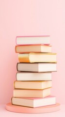 Fototapeta premium Podium stage motivation. A stack of colorful books is arranged on a round platform against a pastel pink background.