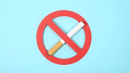 Fototapeta premium No Smoking Sign with Cigarette – Flat Lay on Light Blue Background, No smoking icon. Red forbidden sign with a cigarette on blue. No tobacco day, no smoking concept