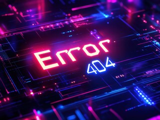 Stylish "Error 404" graphic with glitch effects and neon details on a dark futuristic background