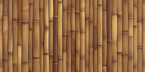 Fototapeta premium Close-up view of a wall made from vertical bamboo stalks. Natural, warm tones of light brown and golden brown bamboo. Stacked, parallel, textured bamboo