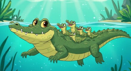 Obraz premium Smiling crocodile with its young ones in the water.