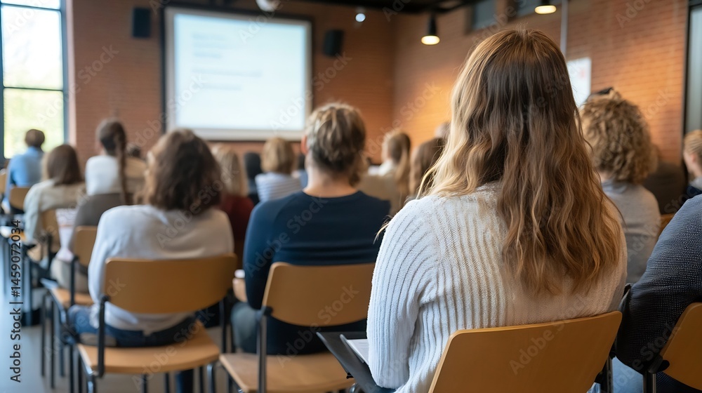 Aufkleber attentive audience listening to a presentation in a modern conference room, diverse group of people 