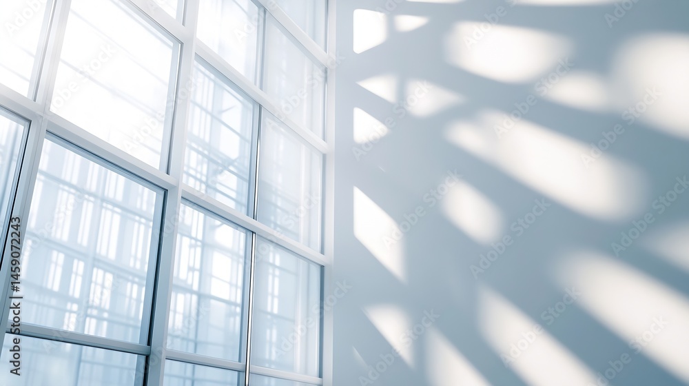Fototapete modern office interior featuring a large window with bright sunlight casting geometric shadows on a 