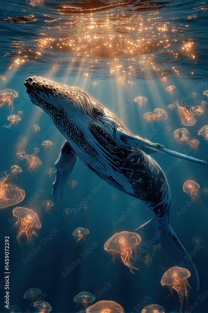 Poster a humpback whale gracefully swims amidst a mesmerizing school of bioluminescent jellyfish, bathed in