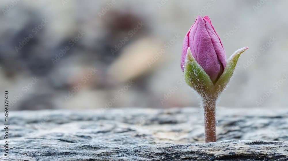 Poster pink flower bud emerging from grey stone, a symbol of resilience and new life breaking through harsh