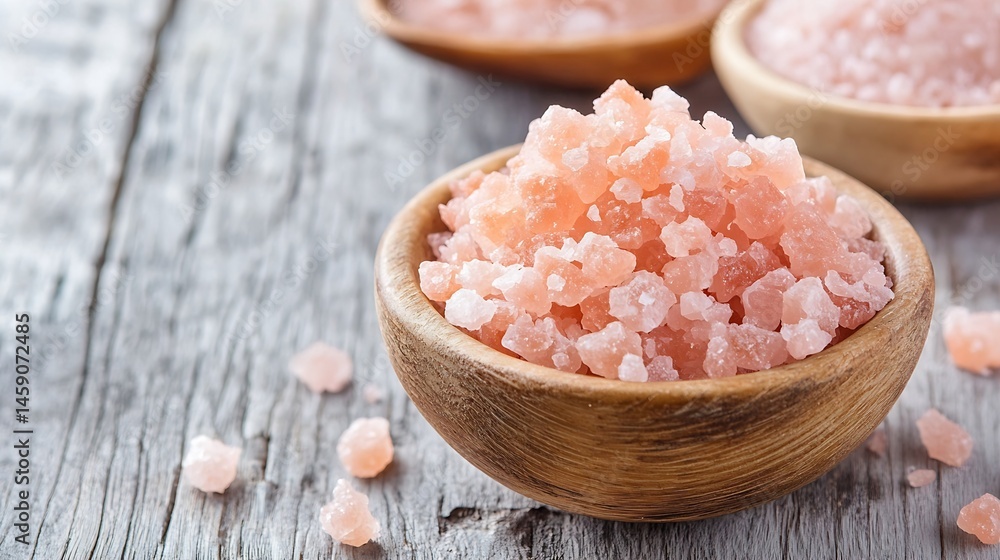 Aufkleber close-up view of pink himalayan salt crystals in a rustic wooden bowl, with additional salt scattere