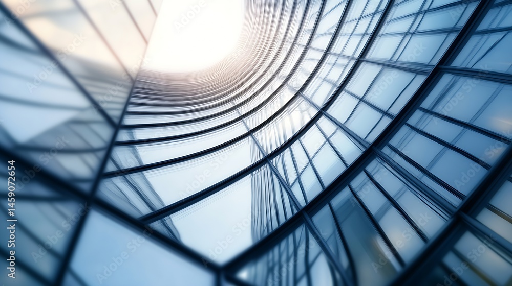 Aufkleber Abstract view of a modern building's curved glass facade, showcasing a dynamic interplay of light and shadow reflecting on the sleek, blue-toned windows. : Generative AI