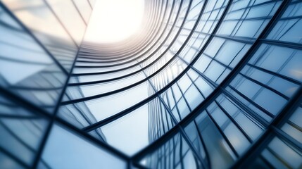 Abstract view of a modern building's curved glass facade, showcasing a dynamic interplay of light and shadow reflecting on the sleek, blue-toned windows. : Generative AI