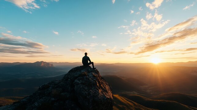 Silhouette of a man sitting on a mountain peak, enjoying a breathtaking sunrise over a vast, colorful landscape. Golden hour light illuminates the valleys and distant mountains. : Generative AI