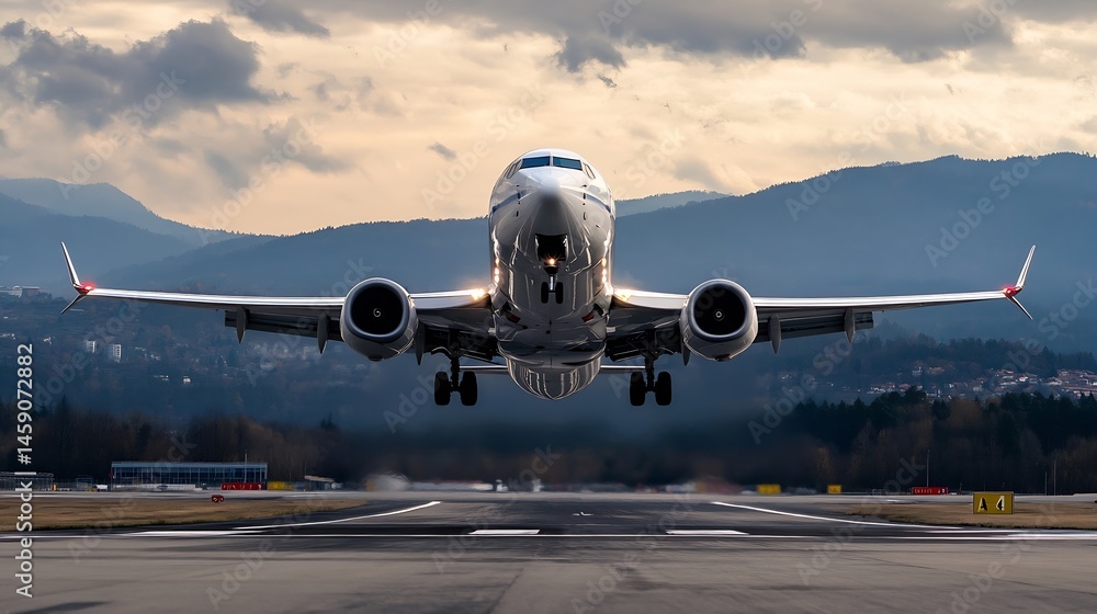 Poster Airplane landing on runway, low angle view, dramatic clouds and mountains in background.  The aircraft is in sharp focus, showcasing its sleek design and powerful engines. : Generative AI