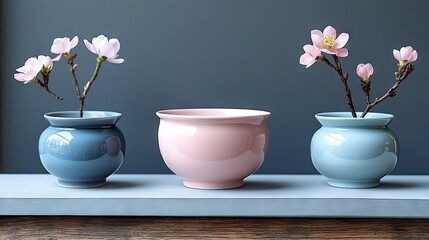 Three ceramic vases in muted colors with flowering branches.