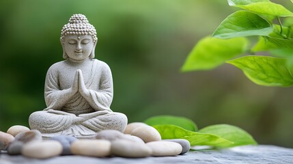 Serene Buddha statue in meditation pose, surrounded by smooth stones and vibrant green leaves, evokes peace and tranquility. : Generative AI