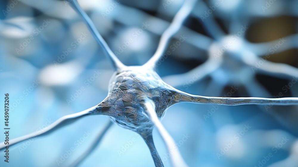 Leinwandbilder Microscopic view of a neuron cell, showcasing intricate details of its structure and connections.  The image displays a complex network of dendrites and axons in shades of blue. : Generative AI
