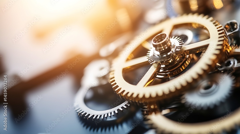 Poster Close-up view of intricate gold and silver gears, showcasing precision engineering and mechanical complexity.  The image evokes themes of industry, technology, and time. : Generative AI