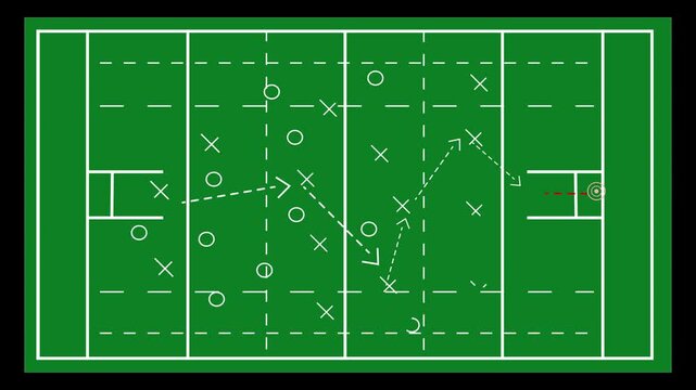 Rugby Strategy and tactics plan in Game to Achieve Goal with 15 players symbol and line arrow. Drawing Scheme Animation of American football. 