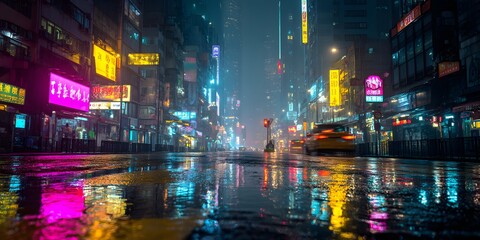 Obraz premium Cyberpunk city street at night glistens with rain, neon signs reflecting pink, blue, and yellow lights on wet pavement, skyscrapers towering above blurred vehicles. 
