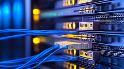 Close-up view of network server hardware with blue fiber optic cables connected, showcasing illuminated ports and intricate details of data center technology. : Generative AI