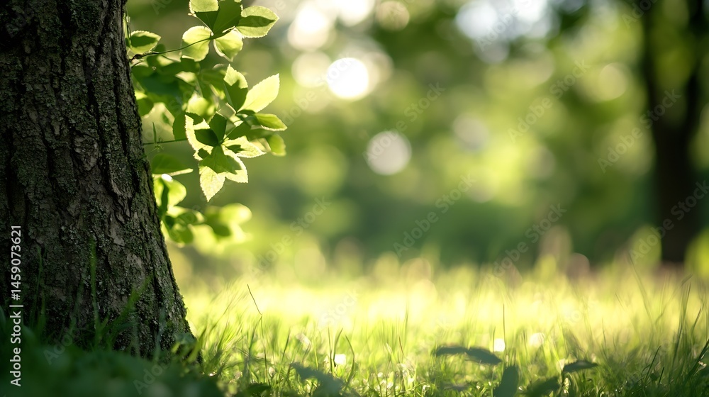 Aufkleber sunlight illuminates vibrant green leaves near a tree trunk, creating a serene and peaceful natural 