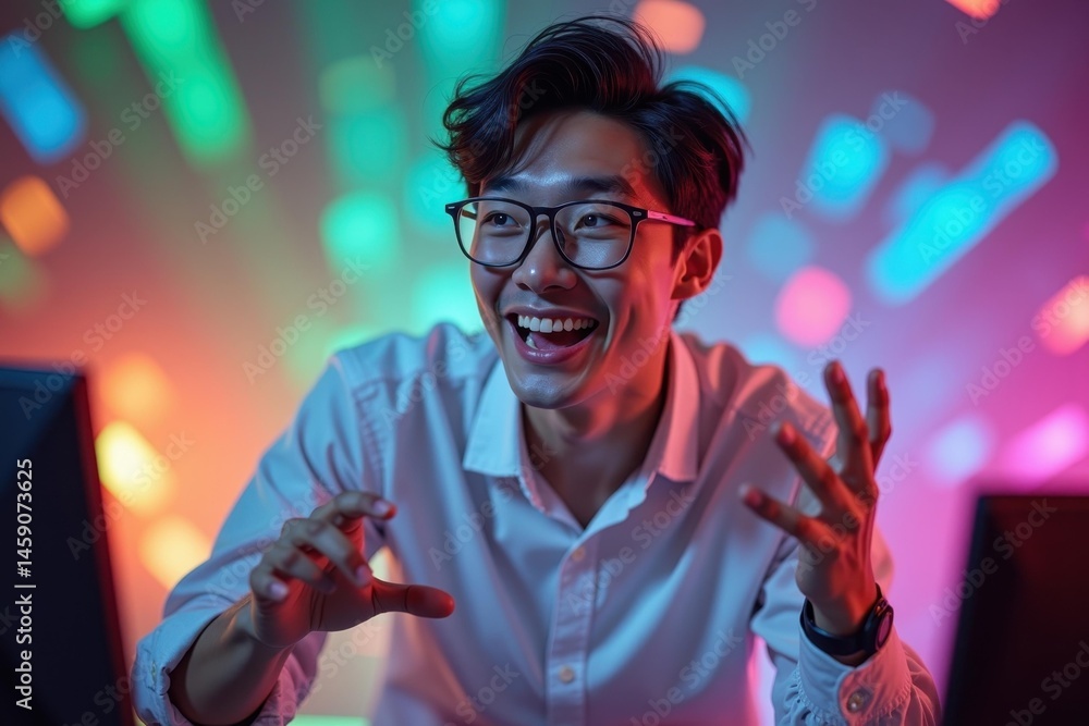 Poster man finds joy. young asian man with glasses smiling and gesturing while using computer in colorful n