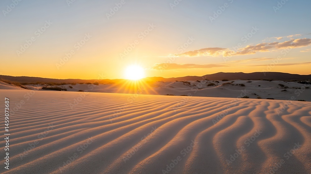 Poster sunset over undulating white sand dunes, creating a warm, textured landscape with the sun's rays cas
