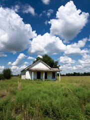 A weathered white farmhouse stands alone in a tall grass field under a vibrant blue sky filled with fluffy cumulus clouds, evoking a sense of rural solitude and quiet decay. : Generative AI
