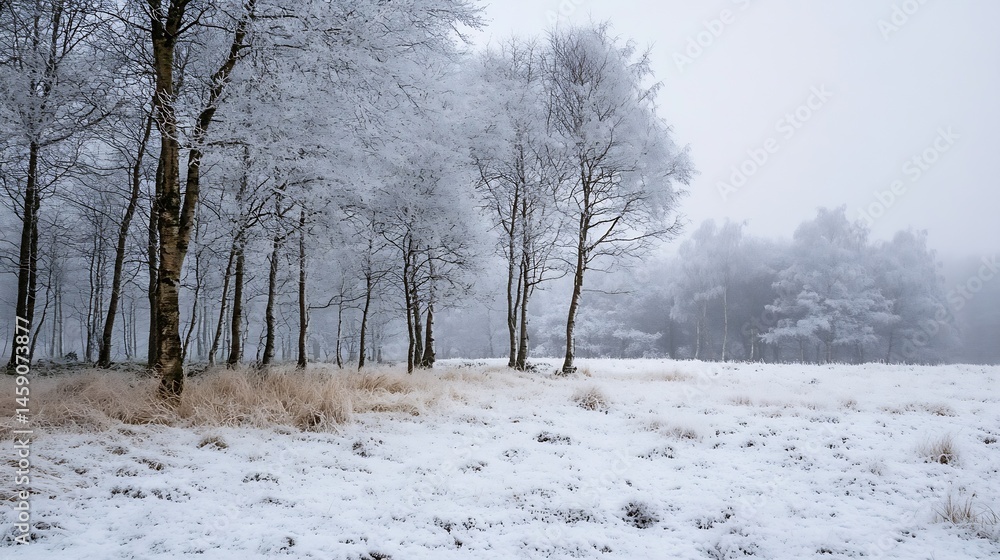 Poster Winter landscape featuring frost-covered birch trees in a snowy field, under a misty sky.  The scene evokes a sense of serene winter tranquility. : Generative AI