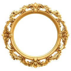 Ornate round golden picture frame on transparent background