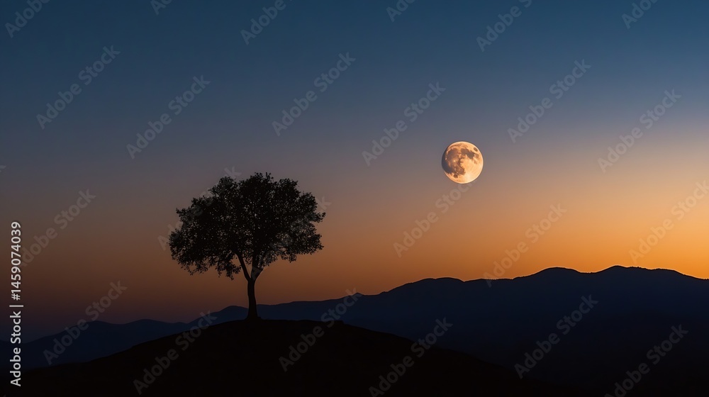 Poster silhouette of a solitary tree on a hilltop at sunset, with a large full moon in the twilight sky abo