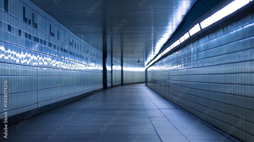 Poster Long, dimly lit subway tunnel with blue tile walls and a smooth floor, extending into the distance under artificial light. : Generative AI