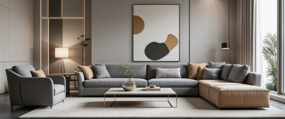 Modern and stylish living room interior design with comfortable gray sectional sofa and artwork