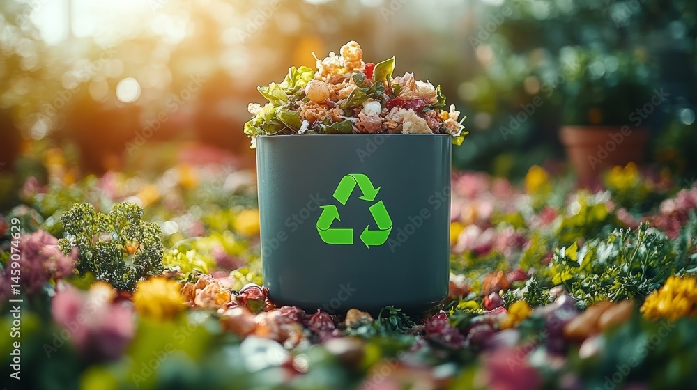 Aufkleber suspended in the air, a sleek gray bin marked with a green recycle icon captures food scraps dynamic