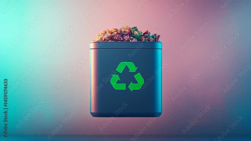 Aufkleber suspended in the air, a sleek gray bin marked with a green recycle icon captures food scraps dynamic