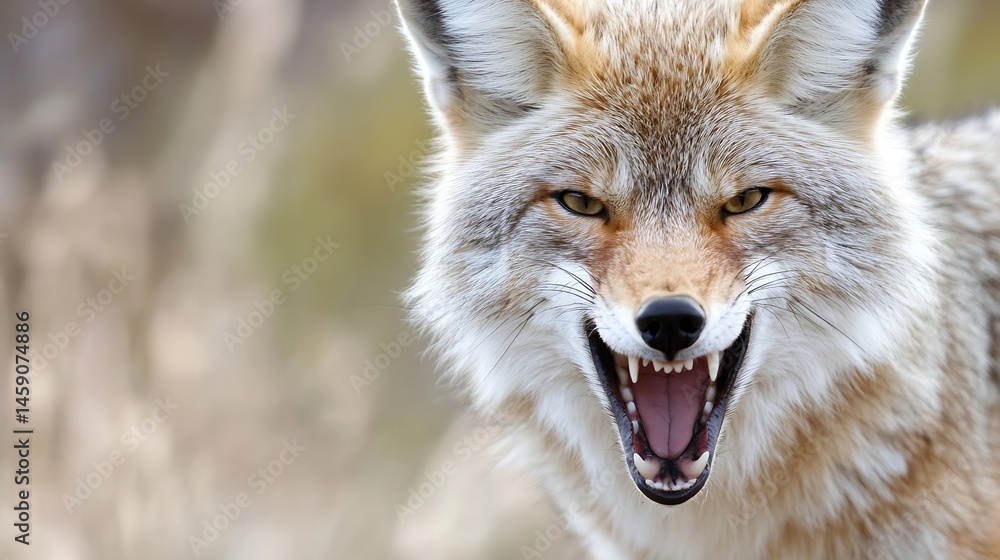 Poster close-up portrait of a coyote with its mouth open, revealing sharp teeth, set against a blurred natu