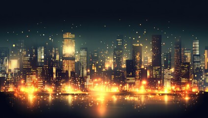 Fototapeta premium City skyline at night, illuminated by warm golden lights. Modern skyscrapers line the horizon, reflecting on the water's edge. Intense glow, starry night