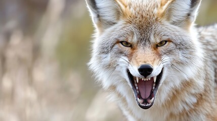 Obraz premium Close-up portrait of a coyote with its mouth open, revealing sharp teeth, set against a blurred natural background. The coyote's fur is a mix of white, beige, and light brown. : Generative AI